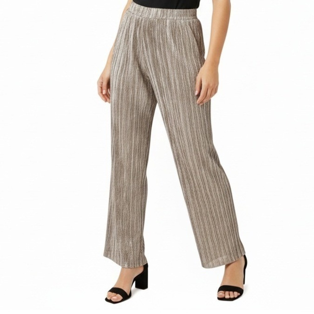 Shelley‎ Wood Gold Crinkled Wide Leg Pants New Silver Metallic Dress Trousers LG